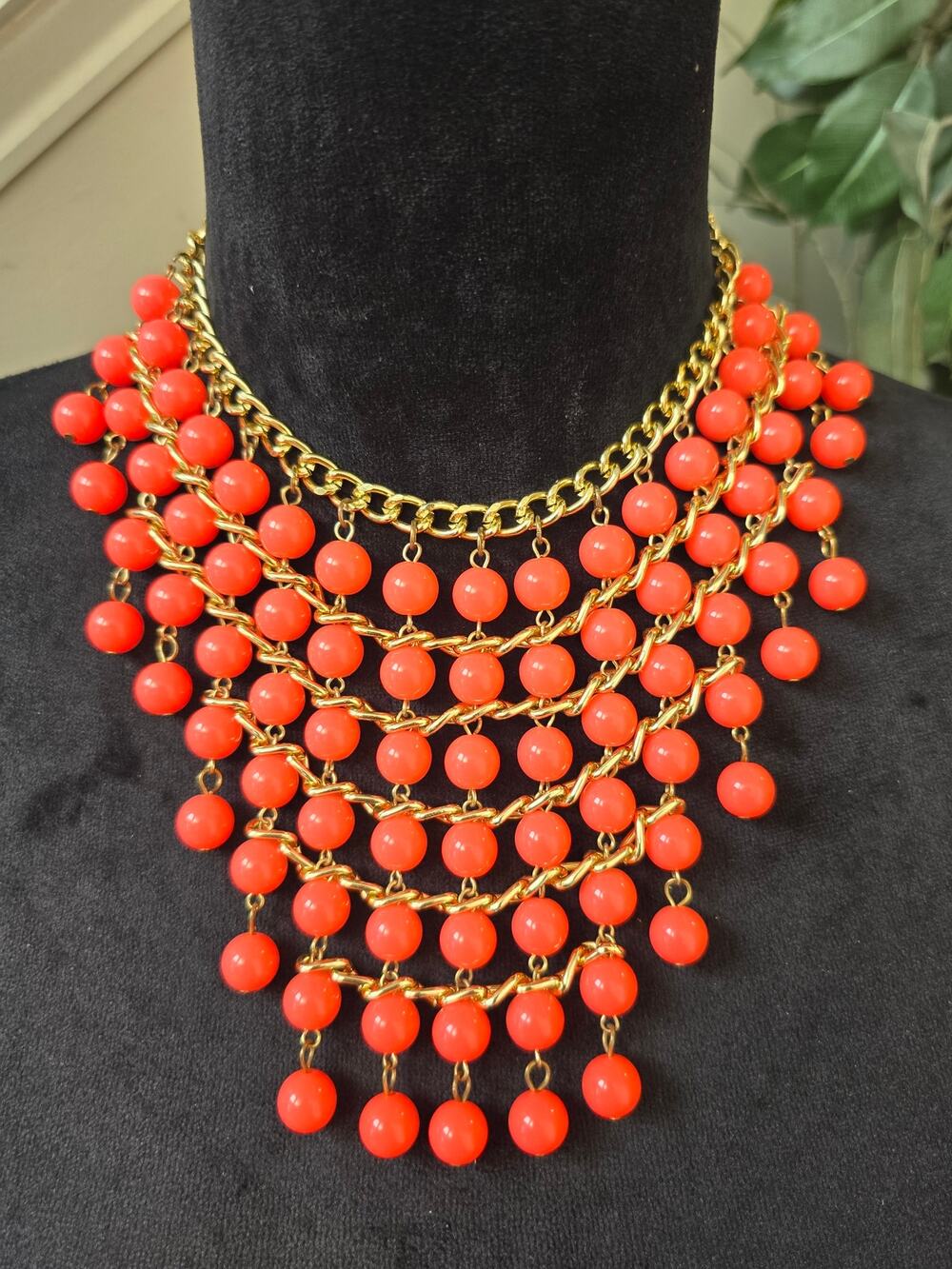 Orange Gold Multi Strand Beaded Statement Necklace